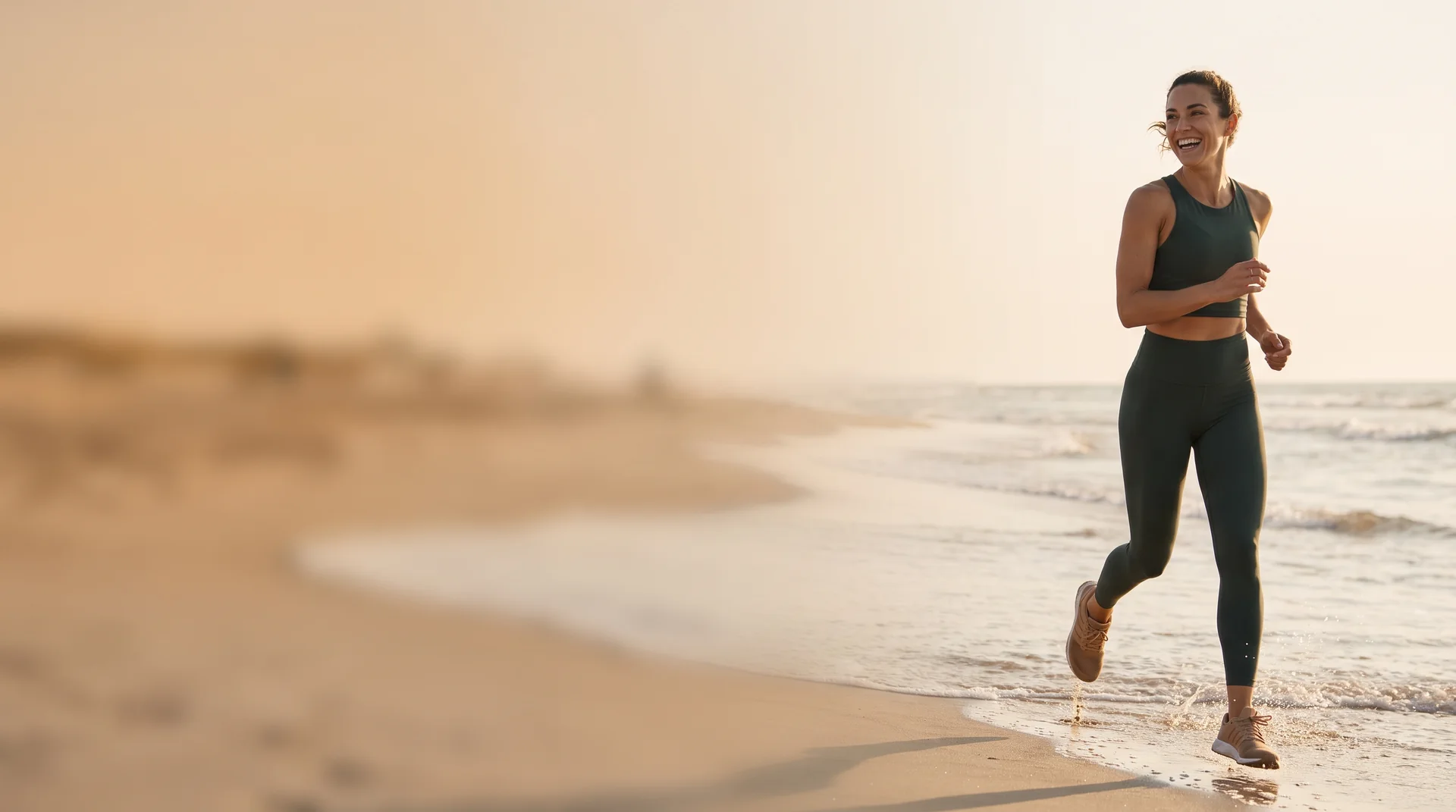 A runner on the beach at golden hour