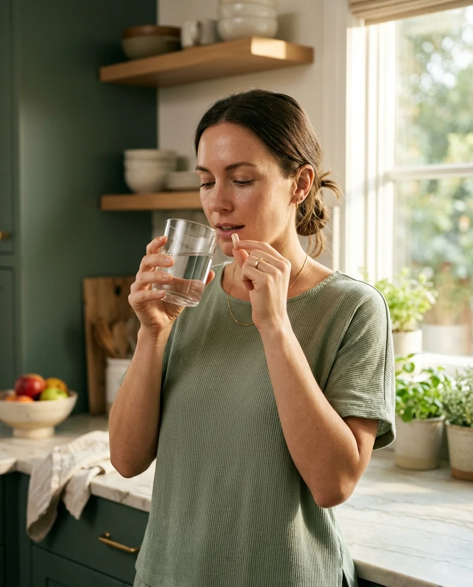 A woman taking a single supplement capsule with a glass of water