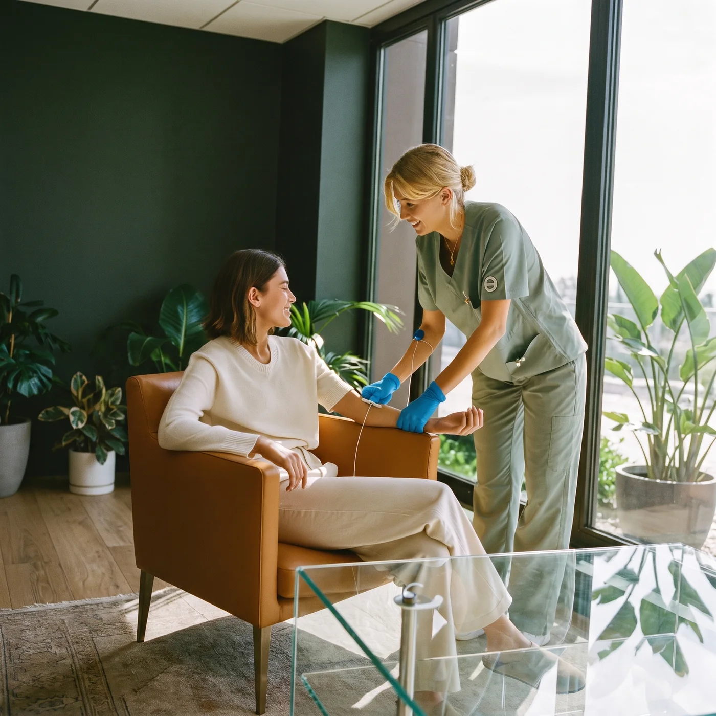A member at home having a routine blood draw with a phlebotomist